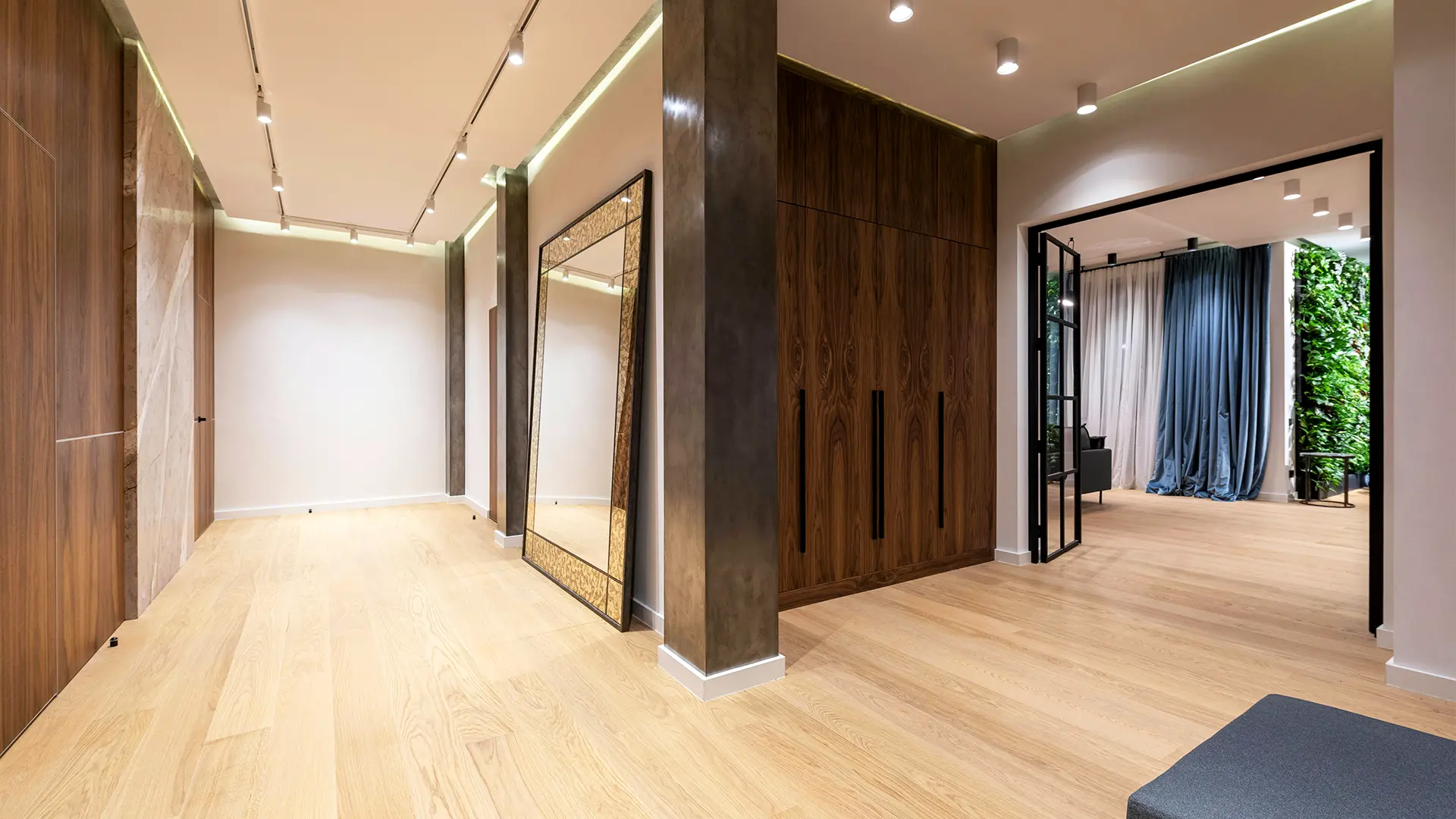 Inside a new home, timber walls and floor